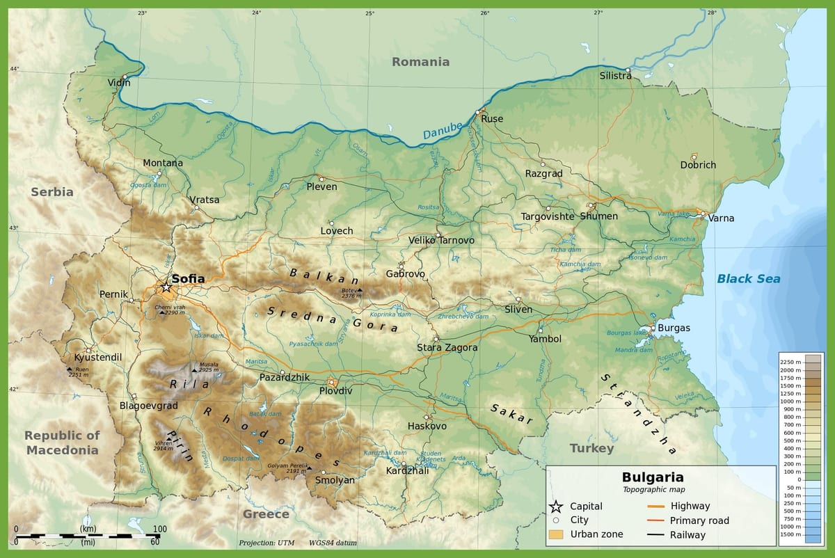 بلغاریہ topographic نقشہ